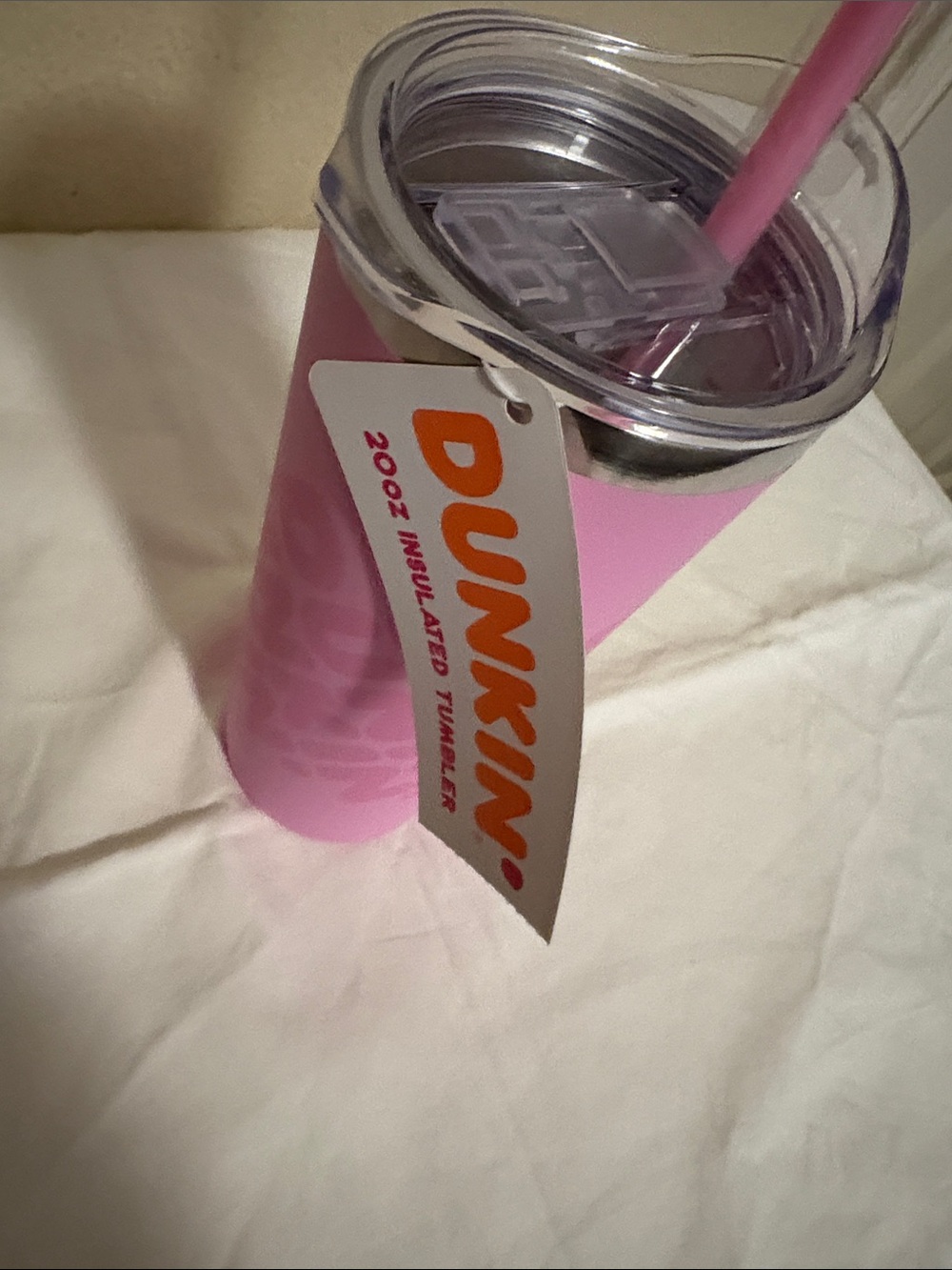 Dunkin' 20 oz Pink Stainless Steel Travel Tumbler Logo Twist Lid & Straw NWT - Picture 5 of 5